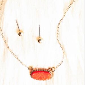 Jaiden Neon Orange Druzy Pendant Necklace and Goldstone Earrings Set